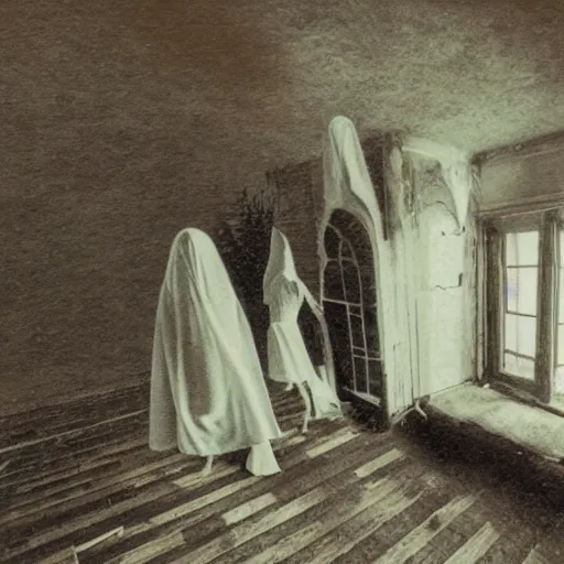 Image similar to picture of ghosts inside a creepy old house surrealism, surrealism album cover