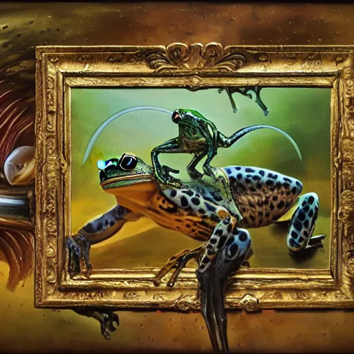 Image similar to alien frog, cheetah, and bird reaching through a painting. pulp sci - fi art. baroque period, oil on canvas