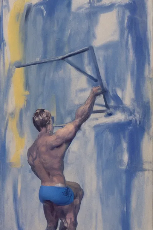 Prompt: thick paint brush strokes of a thin athletic male physique doing pullup, matte paint colors, james nares, willem de kooning