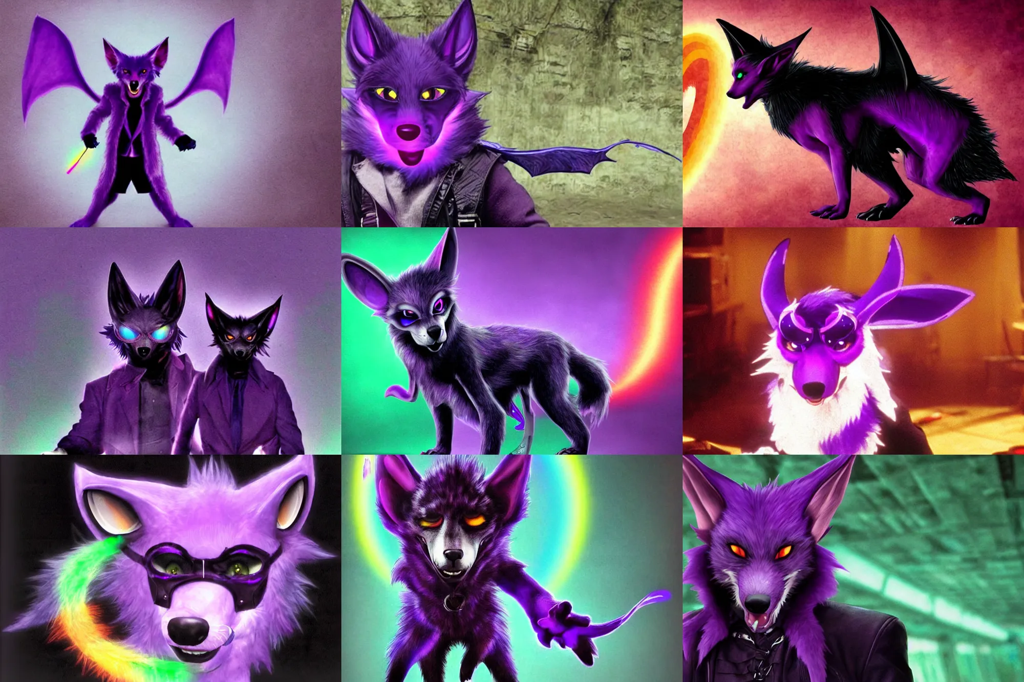 Prompt: ( with a glowing rainbow tail ) a purple wolfbat fursona ( from the furry fandom ) wearing an eyepatch, as a photo from the matrix movie series