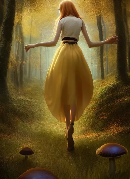 Image similar to young woman walking in skirt : : magic forest mushrooms nature : : weta disney pixar movie still photo : : decadent highly - detailed digital painting, full length shot, golden ratio, octane render, artstation, smooth, sharp focus, artgerm, mucha, loish, wlop, gogo