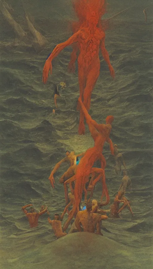 Image similar to man on boat crossing a body of water in hell with creatures in the water, sea of souls, by zdzisław beksinski