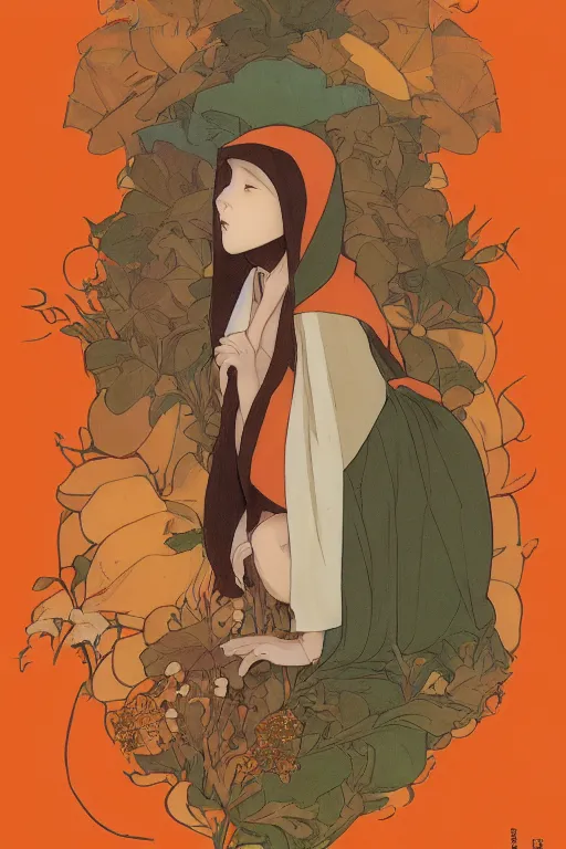 Image similar to a Girl in a large hood crouching on the ground by studio ghibli and mucha ,Visual Communication Design Refreshing colour ,orange slices,album,Microphone