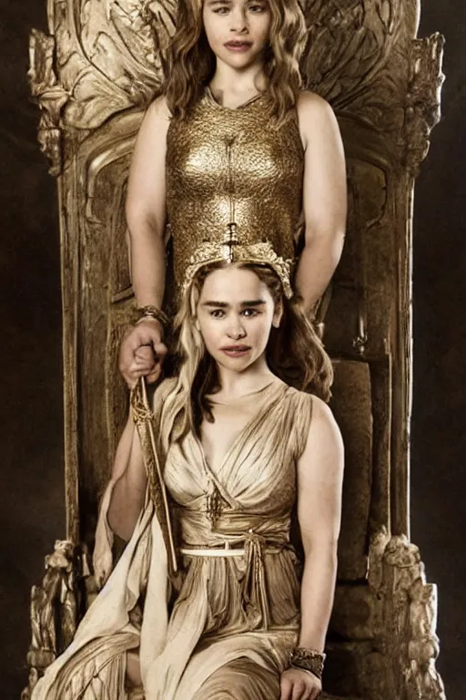 Image similar to Emilia Clarke as a Greek Goddess on a Throne