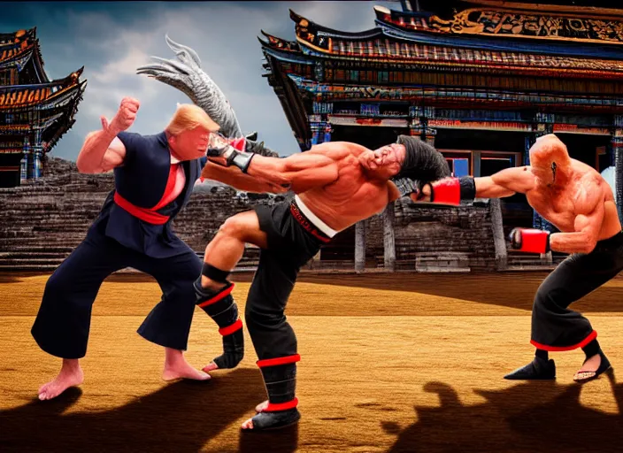 Image similar to 5 5 mm photo of trump fights biden in mortal kombat on the background of an ancient temple with a giant shao kahn laughing. fantasy magic style. highly detailed 8 k. intricate. lifelike. soft light. sony a 7 r iv 5 5 mm. cinematic post - processing