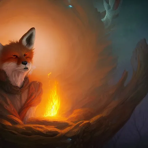 Image similar to anthropomorphic druidic fox in a vortex of flame, 8k resolution matte fantasy painting, cinematic lighting, DeviantArt Artstation, Jason Felix Steve Argyle Tyler Jacobson Peter Mohrbacher