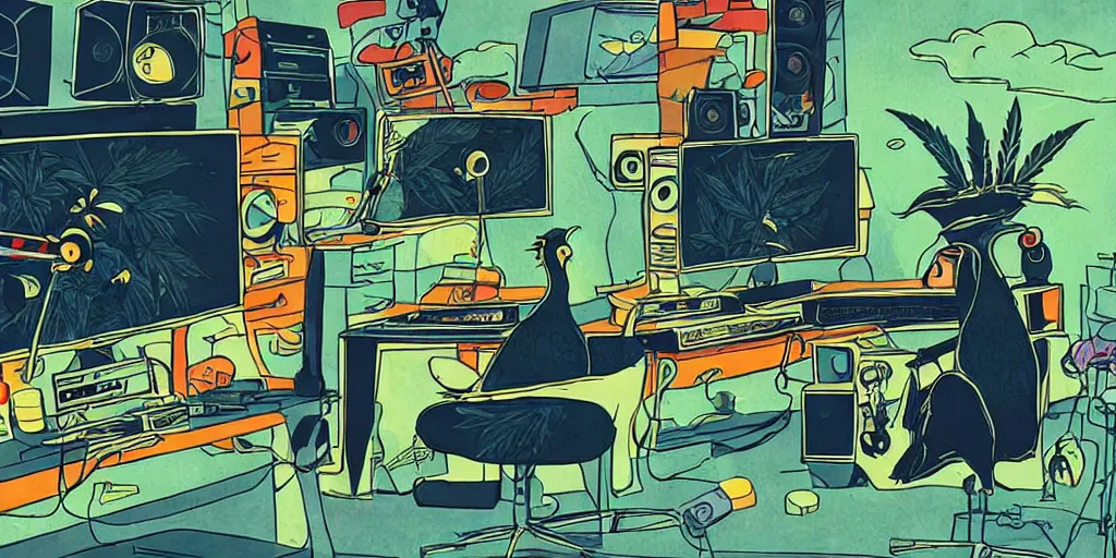 Image similar to 'black chicken'!!! smoking 'cannabis'!!!!!! in front of 'audio console'!!!! and 'multi monitors'!!!! 'in a hi-tech tv broadcasting studio'!!!!, artwork by James Gilleard