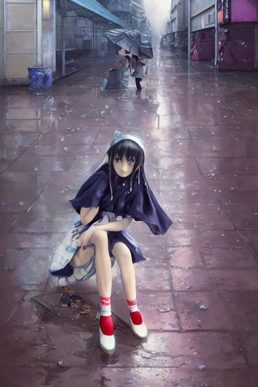 Prompt: 3d octane render portrait a stern girl in Japanese maid's clothes and long stockings sits on the wet pavement in a parking lot in the rain at night. art by hayao miyazaki and Ruan Jia and Mandy Jurgens and Artgerm and William-Adolphe Bouguerea Sakimichan, oil painting