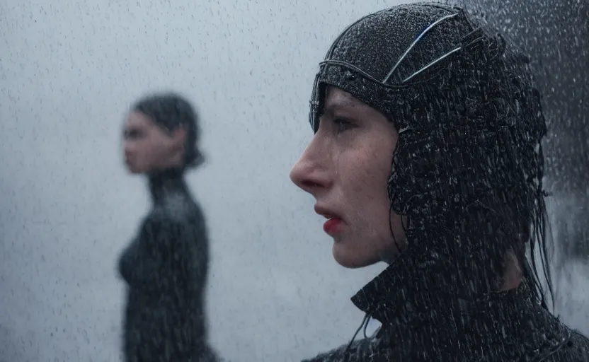 Image similar to cinestill 5 0 d candid photographic portrait by christopher nolan of two loving female androids wearing rugged black mesh techwear in treacherous waters, extreme closeup, modern cyberpunk moody emotional cinematic, pouring rain, 8 k, hd, high resolution, 3 5 mm, f / 3 2, ultra realistic faces, ex machina