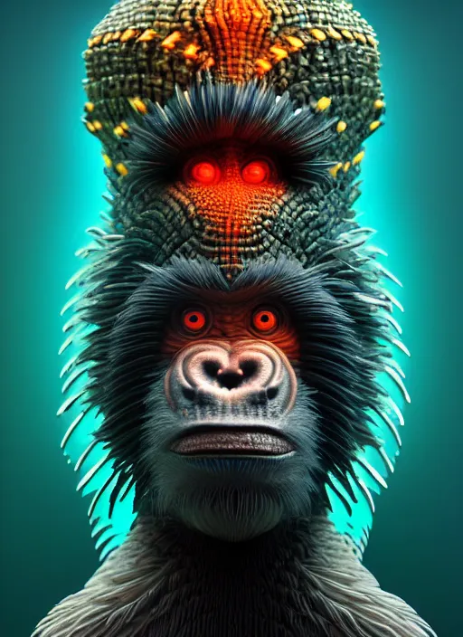 Prompt: 3 d ape shaman profile portrait, sigma 5 0 0 mm f / 5. beautiful intricate highly detailed quetzalcoatl head and feathers. bioluminescent, plasma, lava, ice, water, wind, creature, thunderstorm! artwork by tooth wu and wlop and beeple and greg rutkowski, 8 k trending on artstation,