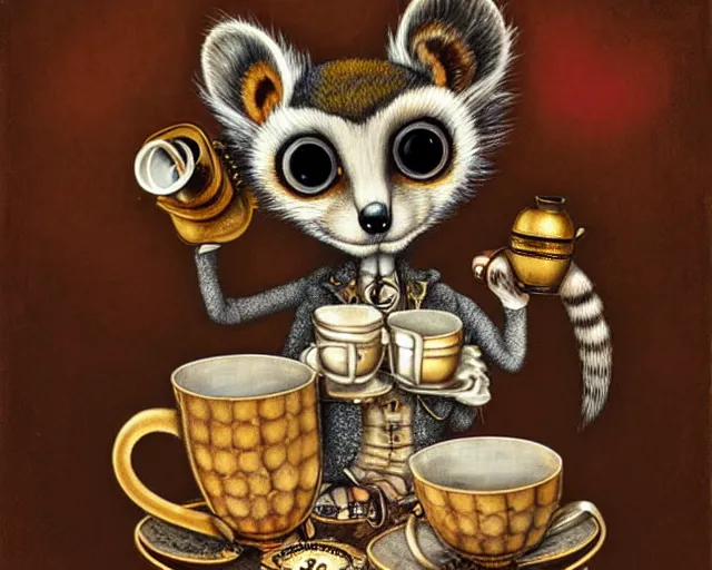 Image similar to an steampunk lemur having a cup of tea, by donato gioncola, mark ryden