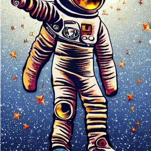 Prompt: neanderthal in a space suit, floating in space, stars glittering in background