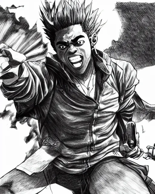 Image similar to a very detailed pencil drawing of kodak black in demon slayer manga panel, action lines, greg rutkowski, in field high resolution, dynamic pose, landscape, medium portrait, action, hyper realistic, manga, koyoharu gotouge, sakuga