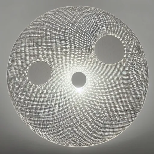 Image similar to a sculpture of infinite concentric rings made of clear crystal casting caustics on a white table morning light