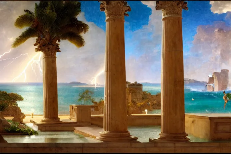 Prompt: mediterranean balustrade and palace columns, refracted lightnings on the ocean, thunderstorm, fountain, greek pool, beach and Tropical vegetation on the background major arcana sky and occult symbols, by paul delaroche, hyperrealistic 4k uhd, award-winning, very detailed paradise