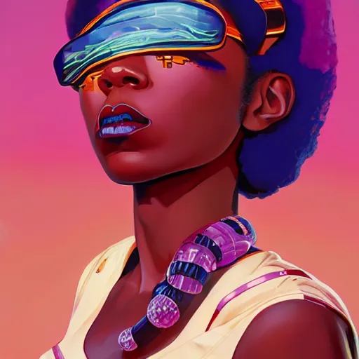 Prompt: afrofuturism spacepunk woman with a cute - fine - face, pretty face, oil slick hair, realistic shaded perfect face, extremely fine details, by realistic shaded lighting, dynamic background, poster by ilya kuvshinov katsuhiro otomo, magali villeneuve, artgerm, jeremy lipkin and michael garmash and rob rey, and silvain sarrailh
