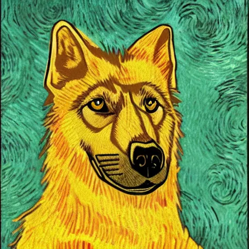 Image similar to retarded wolf portrait, van gogh style, propaganda style