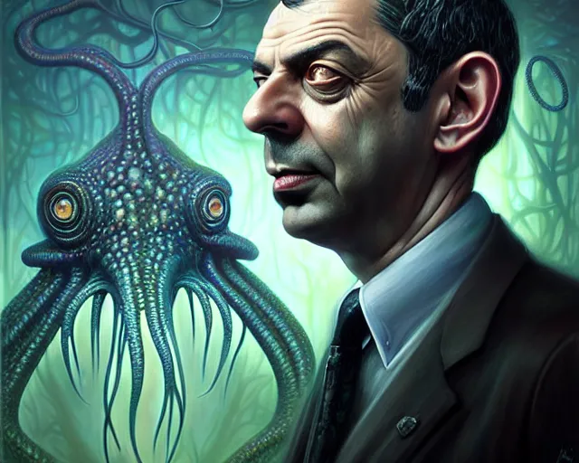 Image similar to lovecraft biopunk portrait of rowan sebastian atkinson, fractal background, cthulhu behind him, by tomasz alen kopera and peter mohrbacher