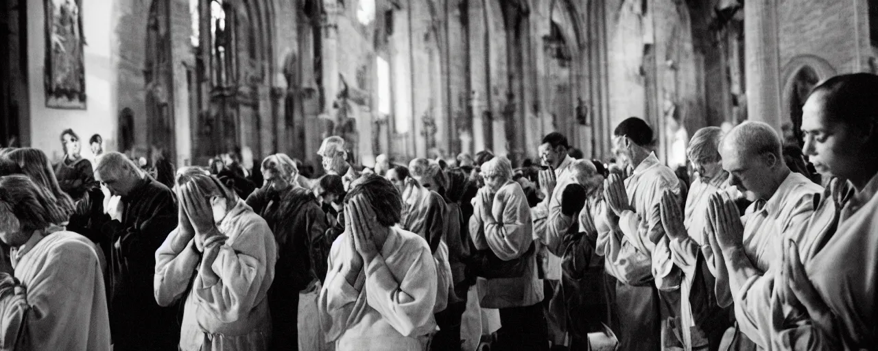 Image similar to people praying to a statue of spaghetti inside a church, canon 5 0 mm, cinematic lighting, photography, retro, film, kodachrome, closeup