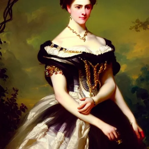 Image similar to beautiful painting of a queen by franz xaver winterhalter, highly detailed, vivid, romanticism, 1 8 6 0 s style art, high quality, elegant, fancy