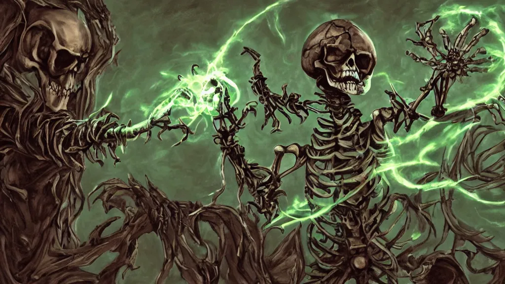 Prompt: an artwork of a skeleton overlord magician with a coat casting a spell with green ornaments, elden ring style