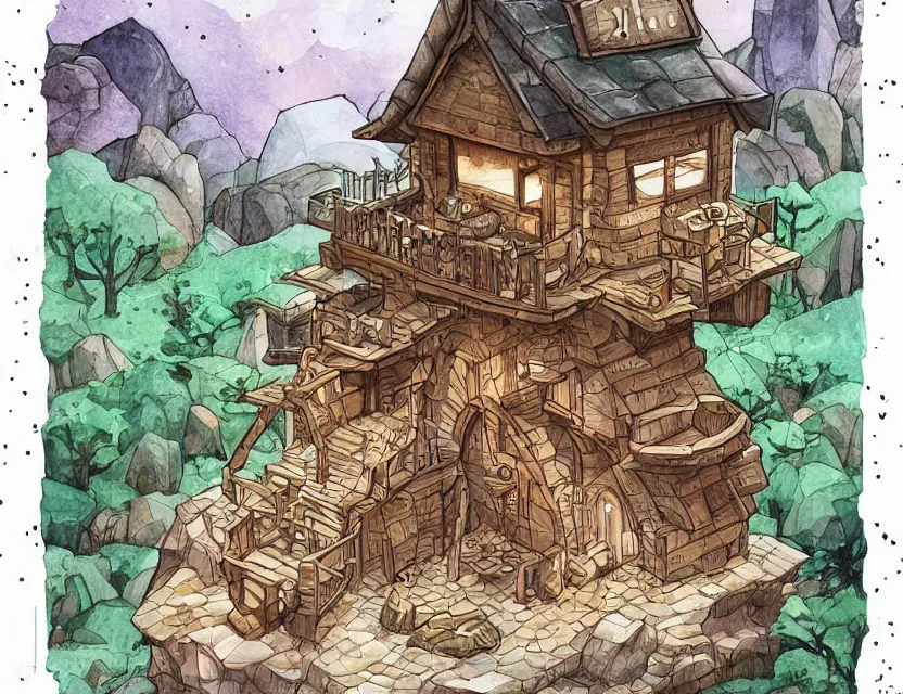 Prompt: cute and funny, a magicians cabin carved into a mountain, centered award winning watercolor pen illustration, isometric illustration by chihiro iwasaki, edited by range murata, sharply focused