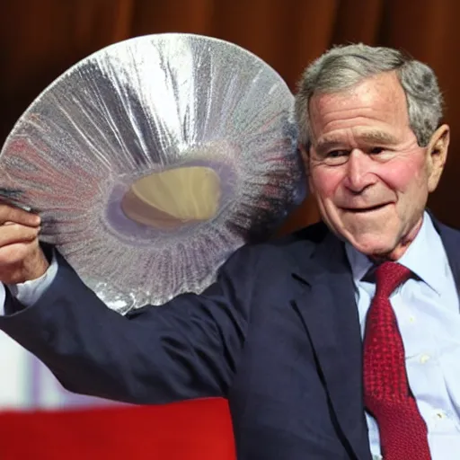 Image similar to george bush wearing tinfoil cone hat