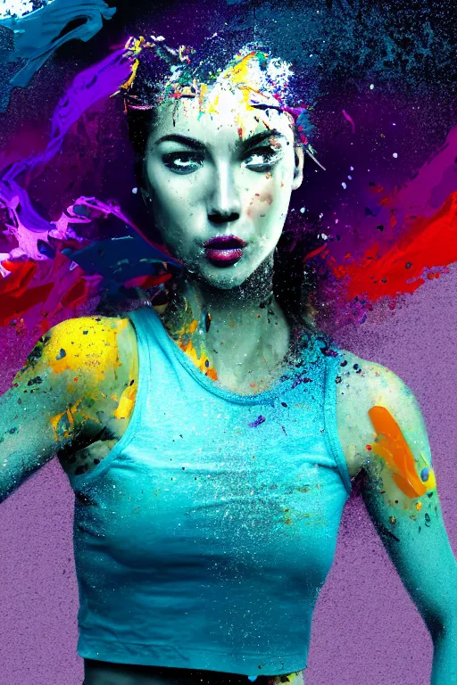 Image similar to a award winning half body portrait of a beautiful woman in a croptop and cargo pants with ombre navy blue teal hairstyle with head in motion and hair flying, paint splashes, splatter, outrun, vaporware, shaded flat illustration, digital art, trending on artstation, highly detailed, fine detail, intricate