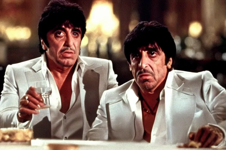 Image similar to tony montana from movie scarface 1 9 8 3 sitting behind a big black oak table with big large packages of flour. al pacino. perfect symmetric face, coherent eyes, close up, fine details, 4 k, ron cobb. last scene from scarface movie, bokeh