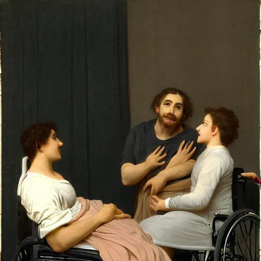 Image similar to a male patient in a wheelchair in the hospital with his wife and son standing by. happy, cheerful, intricate, sharp focus, artstation, cinematic, 8 k, by william adolphe bouguereau