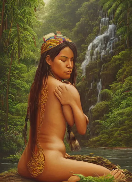 Image similar to a realistic painting of an indigenous woman with a beautiful shaman outfit meditating near a river in the amazon jungle, gazing at the water, highly detailed, art by christophe vacher