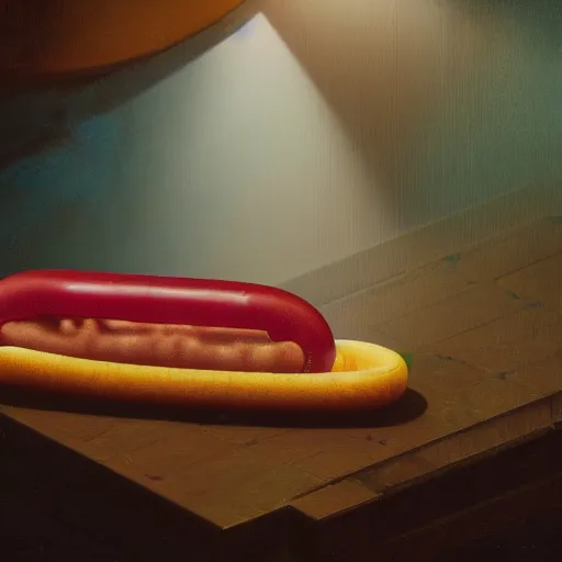 Prompt: a neon translucent transparent plastic hotdog surrounded by bits of fur, popsicles, and exotic tropical plants, chiaroscuro baroque painting, still life, detailed octane render, 8k