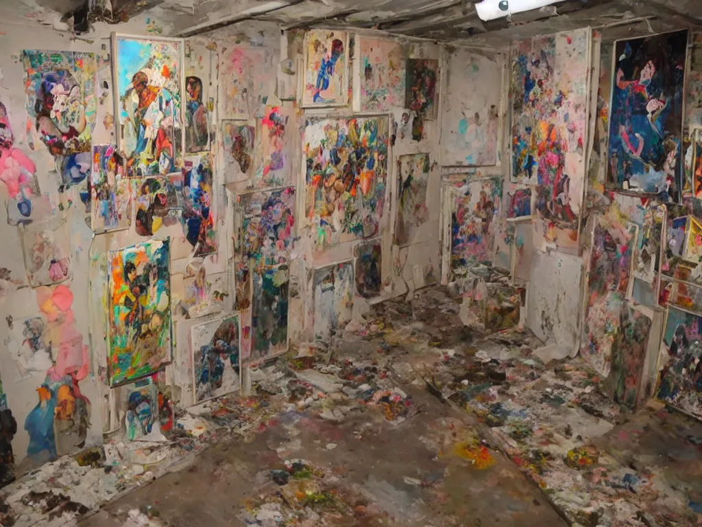 Prompt: the absolute worst art gallery exhibition in a hoarder's basement, filled with putrid trash and several happy, friendly clowns in pastel costumes. The walls are lined with paintings of paintings of paintings