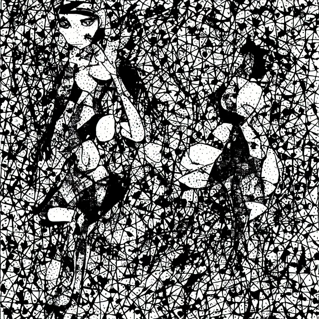 Image similar to french woman, abstract, jet set radio artwork, ryuta ueda artwork, cryptic, ink, spots, asymmetry, stipple, lines, pointillism, crosshatching, linework, pitch bending, stripes, dark, ominous, eerie, hearts, minimal, points, technical, natsumi mukai artwrok, folds