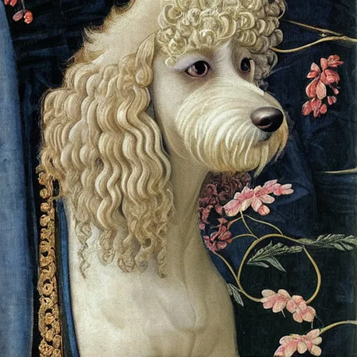 Prompt: portrait of a white labrododdle dog with curly white fur as an italian queen, painting by botticelli, 1 4 8 0 s
