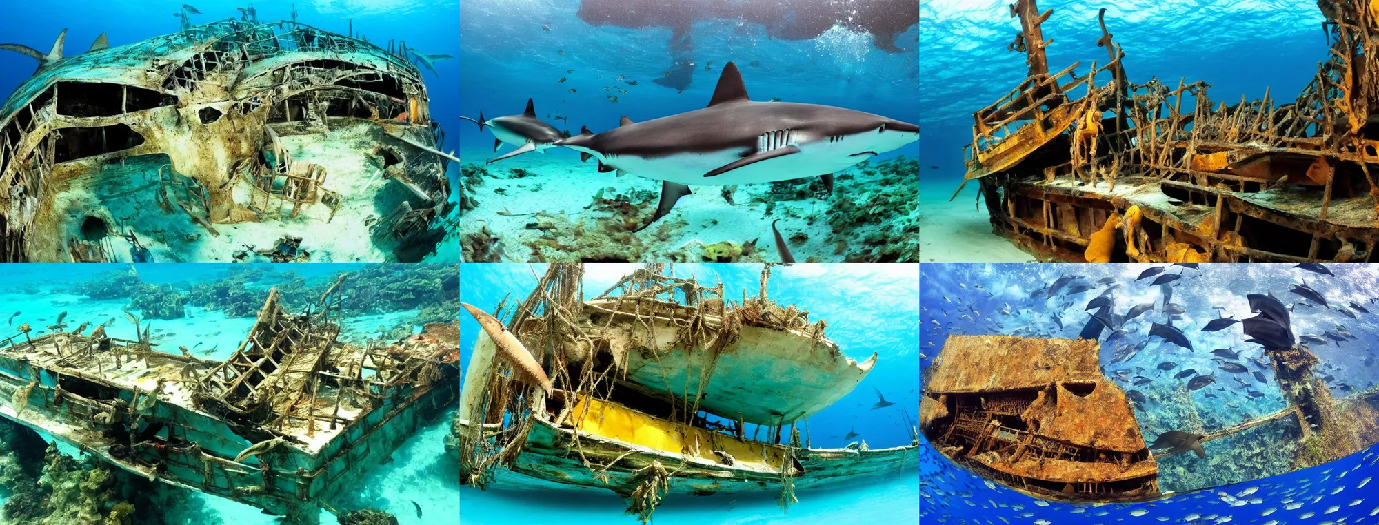 sunken pirate ship, sharks, stingrays, yellow fin | Stable Diffusion