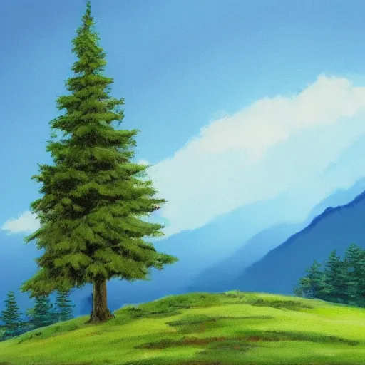 Prompt: a single tree on a mountain, artwork by bob ross
