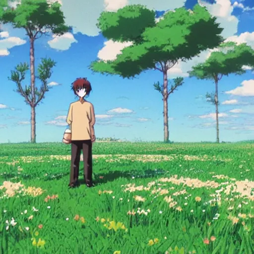 Prompt: man stands on a meadow made of popcorn, landscape, studio ghibli, anime