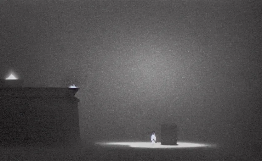 Image similar to light coming out of one starfish - like kaiju anthropomorphic monster, korean film noir by kim jong - il, korean traditional palace, pyongyang city, 1 9 6 0 s, red color bleed, 4 k, video compression, video glitch, monochrome, akira kurosawa, mamoru oshii, wes anderson, stanley kubrick