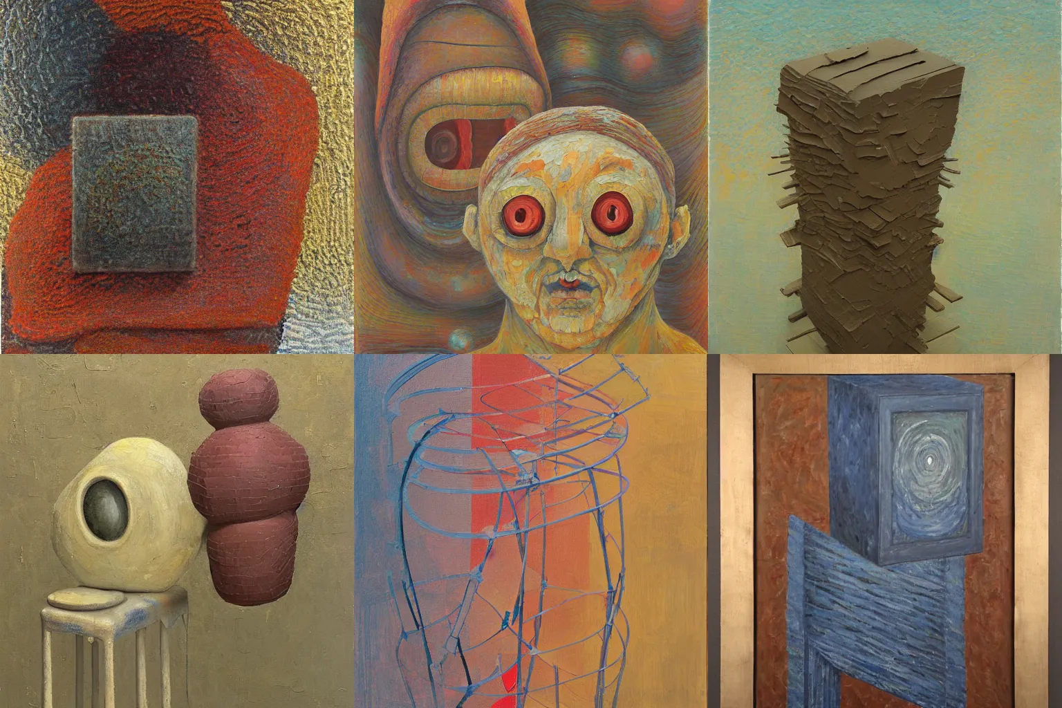 Prompt: a detailed, impasto painting by shaun tan and louise bourgeois of an abstract forgotten sculpture by ivan seal and the caretaker, gradient background