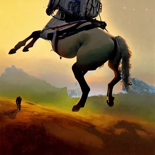 Prompt: a horse on top a man, a astronaut carrying a horse hyperrealism, no blur, 4 k resolution, ultra detailed, style of ron cobb, adolf hiremy - hirschl, syd mead, ismail inceoglu, rene margitte