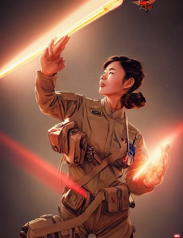 Image similar to a brown - haired woman in a military uniform hovering in the air glowing with red light and crackling energy, by tian zi and artgerm and xiaoguang sun and moebius, trending on artstation, digital art, 4 k resolution, detailed, high quality, sharp focus, hq artwork, coherent, insane detail, concept art, character concept, character full body portrait