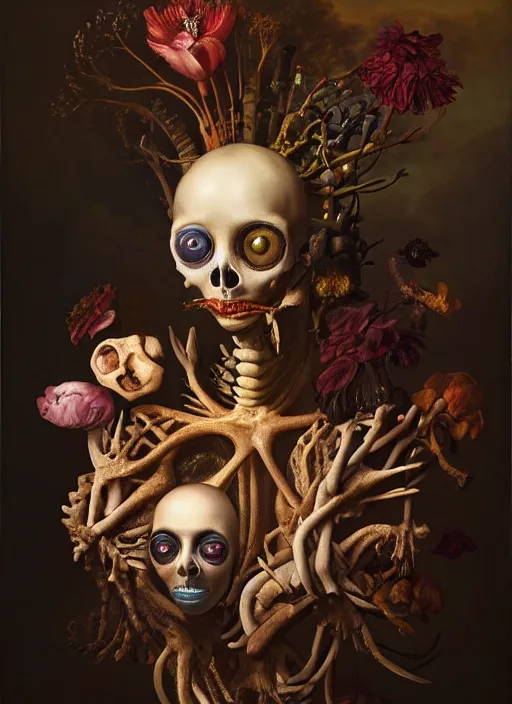 Prompt: strange, looming head, biomorphic painting of a woman with large eyes, flowers and bones, deep rich colours by, rachel ruysch, and charlie immer, highly detailed, emotionally evoking, head in focus, volumetric lighting, oil painting, timeless disturbing masterpiece