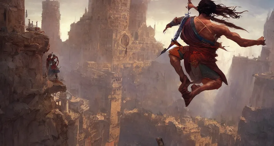 Image similar to a concept art of Prince of Persia video game. jumping. whimsically highly detailed, digital painting, artstation, concept art, smooth, sharp focus, illustration, art by artgerm and greg rutkowski and alphonse mucha