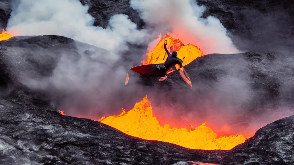 Image similar to medium shot of a person wearing a sponsored team jersey surfing down a river of lava on the side of a volcano on surfboard, action shot, dystopian, thick black smoke and fire, sharp focus, wide angle shot