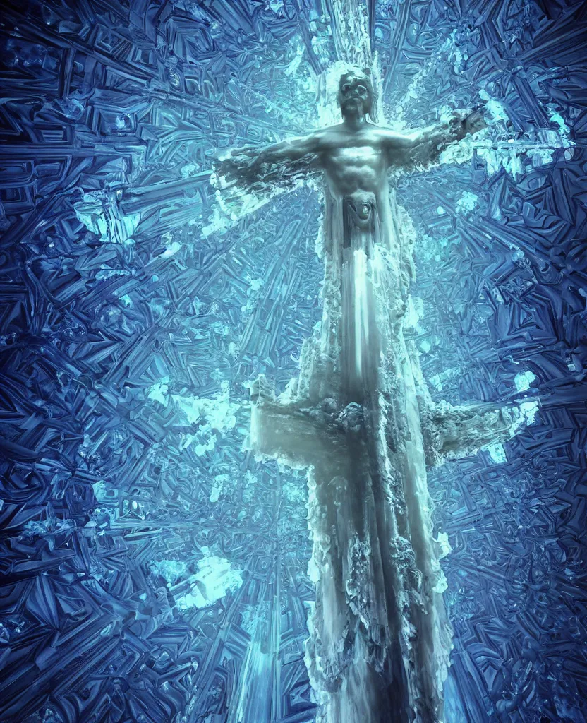 Image similar to a crystalline 3 d mandelbulb fractal in the shape of jesus christ on the cross, bioluminescent opal, fractal, magnificent lighting, ethereal, ray tracing, octane, holographic