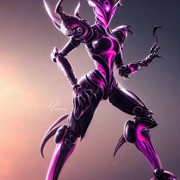 Image similar to highly detailed exquisite fanart, of a beautiful female warframe, but as an anthropomorphic robot dragon, shiny silver armor engraved, Fuchsia skin beneath the armor, elegant pose, close-up shot, streamline design, full body shot, epic cinematic shot, long elegant tail behind, sharp claws, robot dragon hands and feet, professional digital art, high end digital art, singular, realistic, DeviantArt, artstation, Furaffinity, 8k HD render