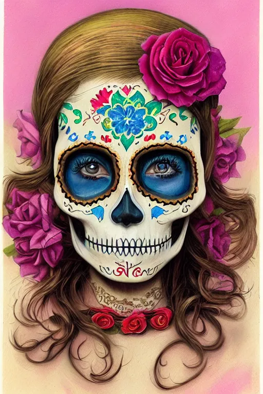 Image similar to Illustration of a sugar skull day of the dead girl, art by bob byerley