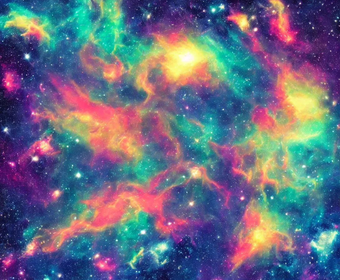 Image similar to giant space whales floating through a colorful nebula