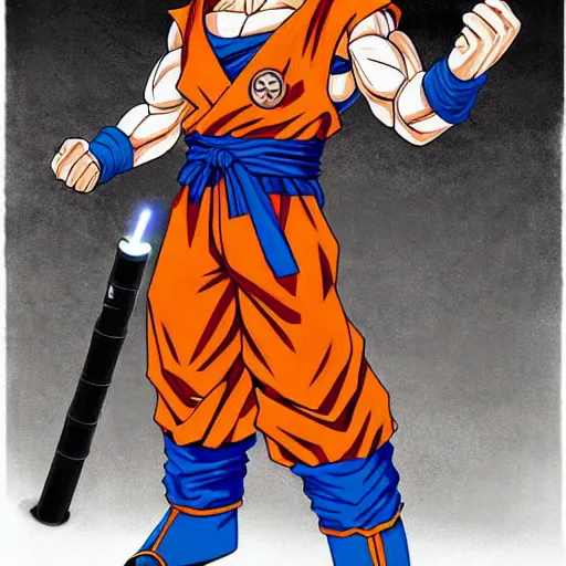 Image similar to Goku wearing a brown floor length rober welding a lightsaber, sci Fi, concept art, detailed, stylized